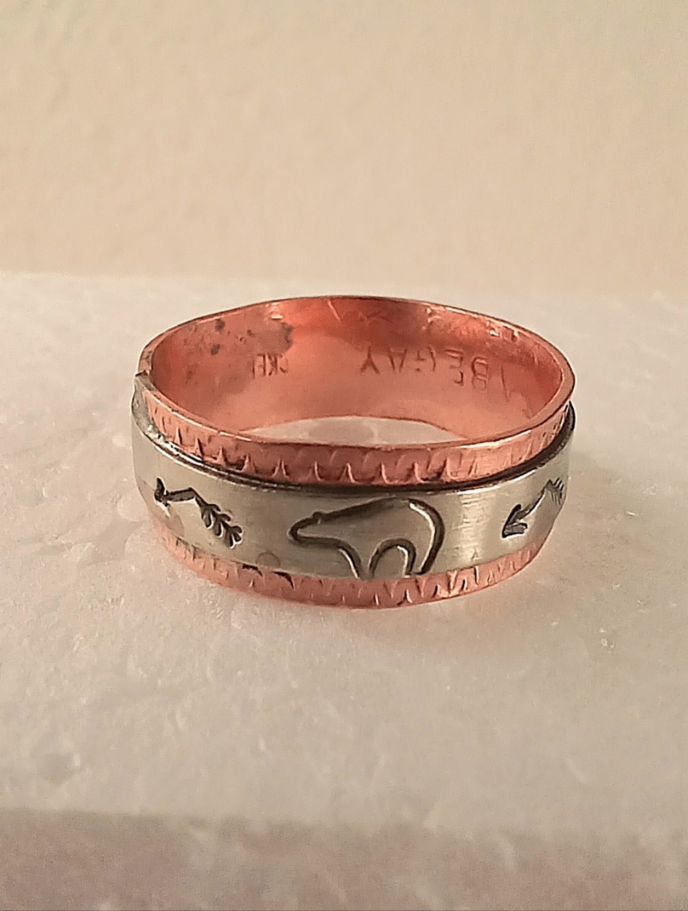 Navajo Signed Native American Ring TA Begay Copper Nickle Handmade Bear Arrows - Picture 6 of 17